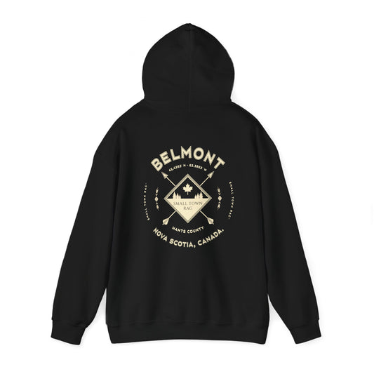 Belmont, Nova Scotia.  Cream on Black, Gender Neutral, Pull-over Hoodie Sweatshirt.