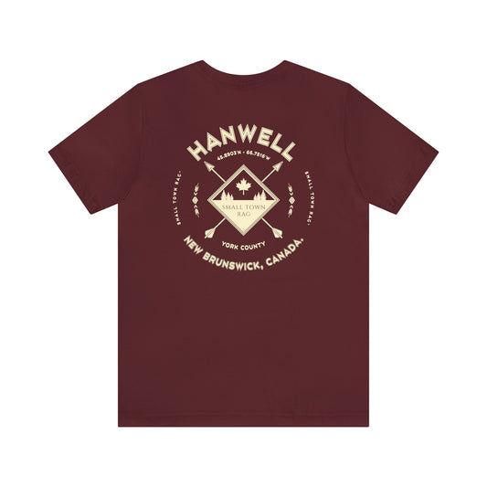 Hanwell, New Brunswick.  Cream on Maroon, Gender Neutral,  Premium Cotton T-shirt.