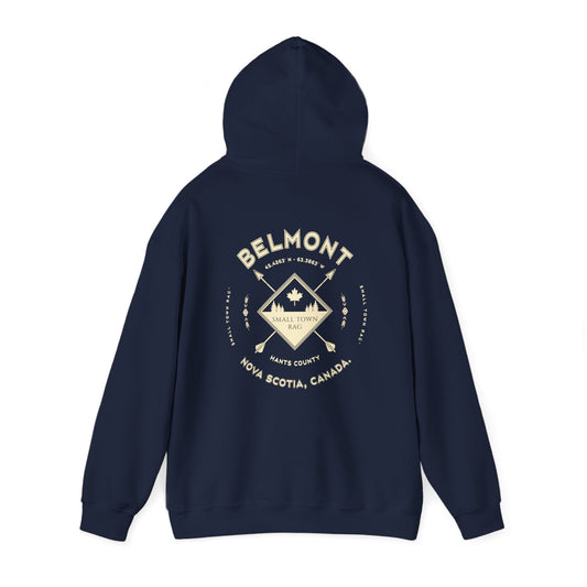 Belmont, Nova Scotia.  Cream on Navy, Gender Neutral, Pull-over Hoodie Sweatshirt.