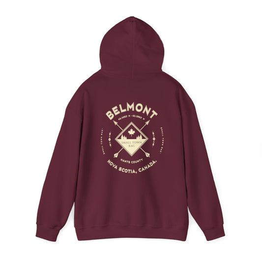 Belmont, Nova Scotia.  Cream on Maroon, Gender Neutral, Pull-over Hoodie Sweatshirt.