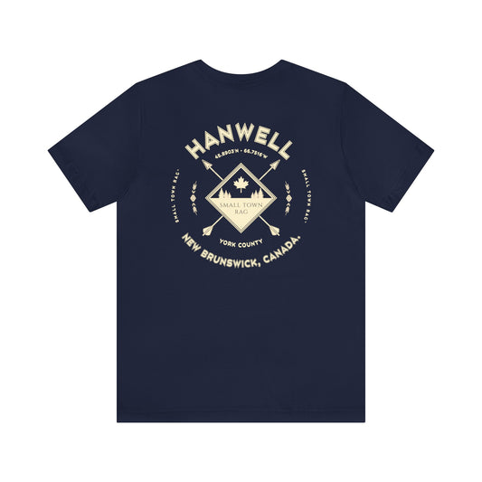Hanwell, New Brunswick.  Cream on Navy, Gender Neutral,  Premium Cotton T-shirt.