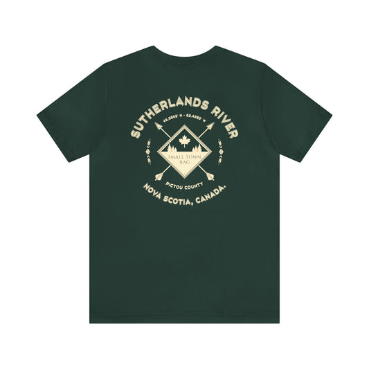 Sutherlands River, Nova Scotia.  Cream on Forest Green, Gender Neutral,  Premium Cotton T-shirt.