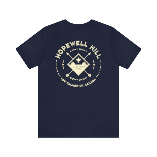 Hopewell Hill, New Brunswick.  Premium Quality, Cream on Navy, Gender Neutral, T-shirt.