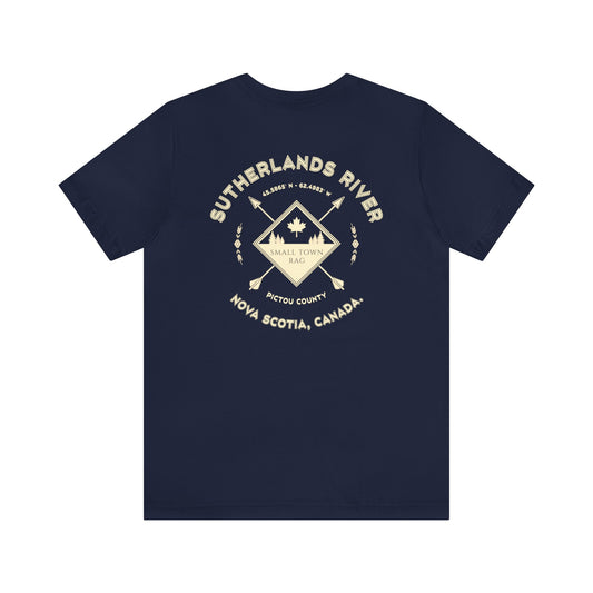 Sutherlands River, Nova Scotia.  Cream on Navy, Gender Neutral,  Premium Cotton T-shirt.