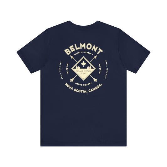 Belmont, Nova Scotia.  Cream on Navy, Gender Neutral,  Premium Cotton T-shirt.