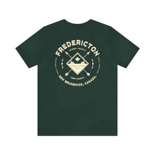 Fredericton, New Brunswick.  Cream on Forest Green, Gender Neutral,  Premium Cotton T-shirt.