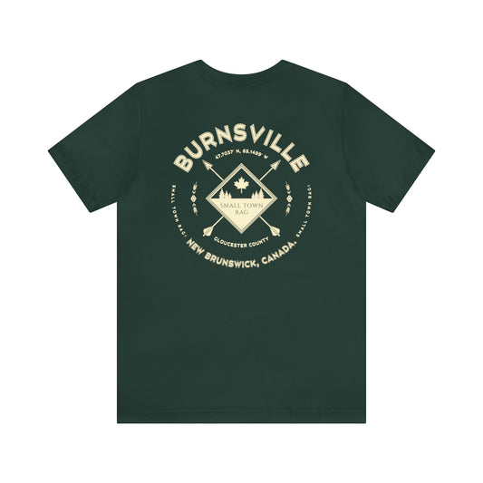 Burnsville, New Brunswick.  Premium Quality, Cream on Forest Green, Gender Neutral, T-shirt.