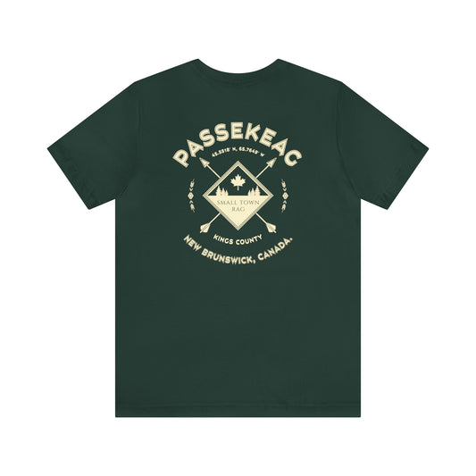 Passekeag, New Brunswick.  Premium Quality, Cream on Forest Green, Gender Neutral, T-shirt.
