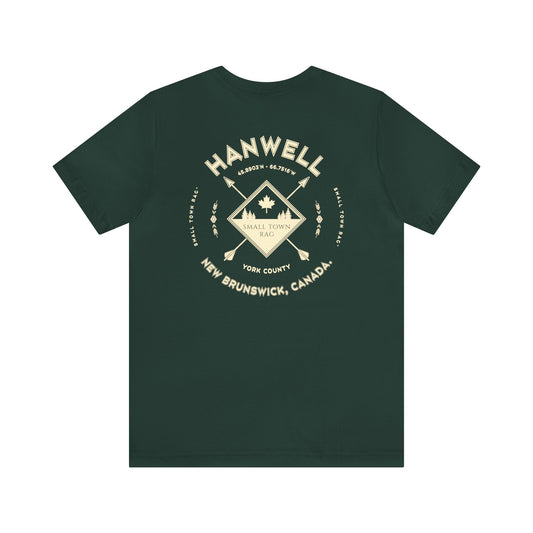 Hanwell, New Brunswick.  Cream on Forest Green, Gender Neutral,  Premium Cotton T-shirt.