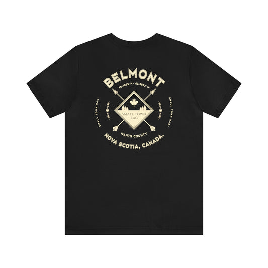Belmont, Nova Scotia.  Cream on Black, Gender Neutral,  Premium Cotton T-shirt.