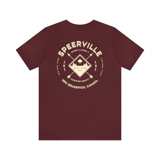 Speerville, New Brunswick.  Premium Quality, Cream on Maroon, Gender Neutral, T-shirt.