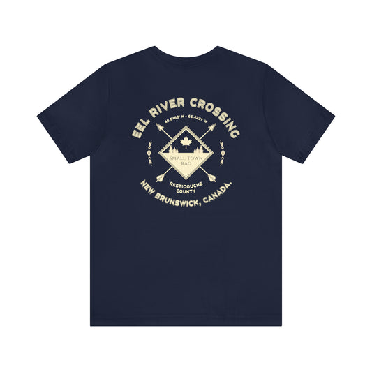 Eel River Crossing, New Brunswick.  Cream on Navy, Gender Neutral,  Premium Cotton T-shirt.