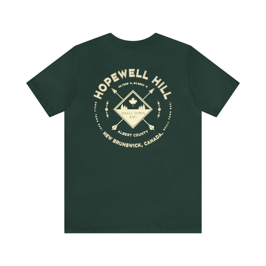 Hopewell Hill, New Brunswick.  Premium Quality, Cream on Forest Green, Gender Neutral, T-shirt.
