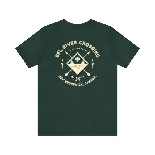 Eel River Crossing, New Brunswick.  Cream on Forest Green, Gender Neutral,  Premium Cotton T-shirt.