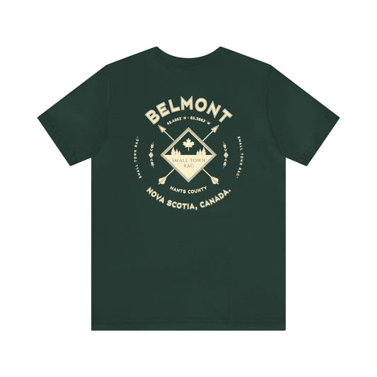 Belmont, Nova Scotia.  Cream on Forest Green, Gender Neutral,  Premium Cotton T-shirt.