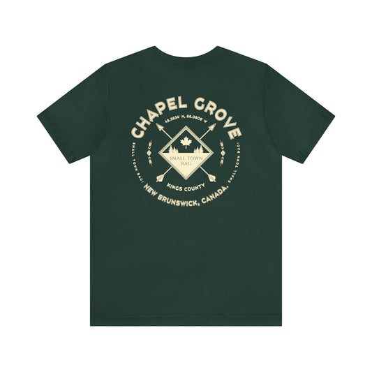 Chapel Grove, New Brunswick.  Premium Quality, Cream on Forest Green, Gender Neutral, T-shirt.