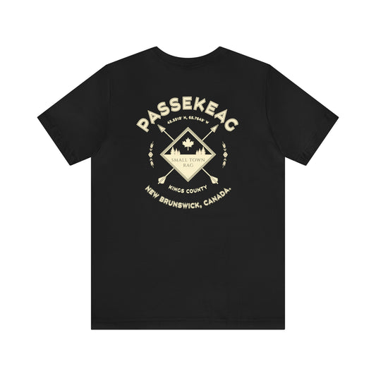 Passekeag, New Brunswick.  Premium Quality, Cream on Black, Gender Neutral, T-shirt.