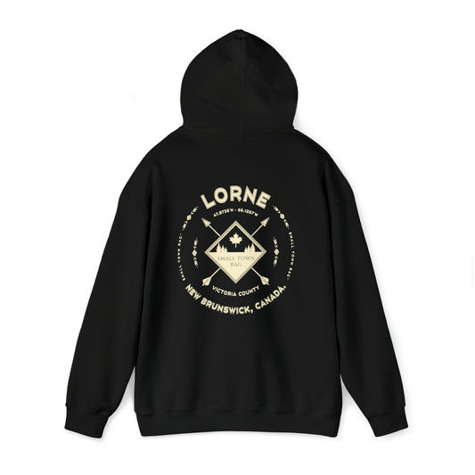 Lorne, New Brunswick.  Cream on Black, Gender Neutral, Pull-over Hoodie Sweatshirt.