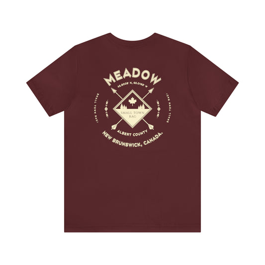 Meadow, New Brunswick.  Premium Quality, Cream on Maroon, Gender Neutral, T-shirt.