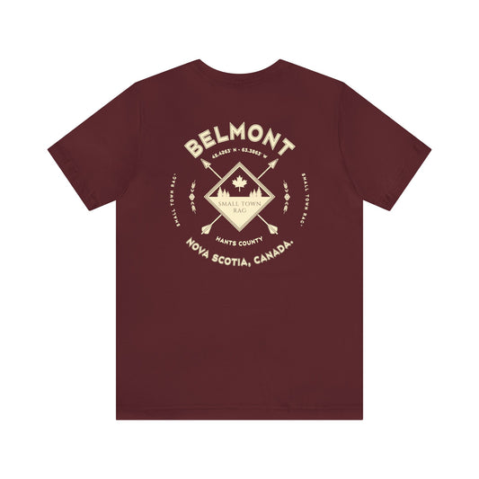 Belmont, Nova Scotia.  Cream on Maroon, Gender Neutral,  Premium Cotton T-shirt.