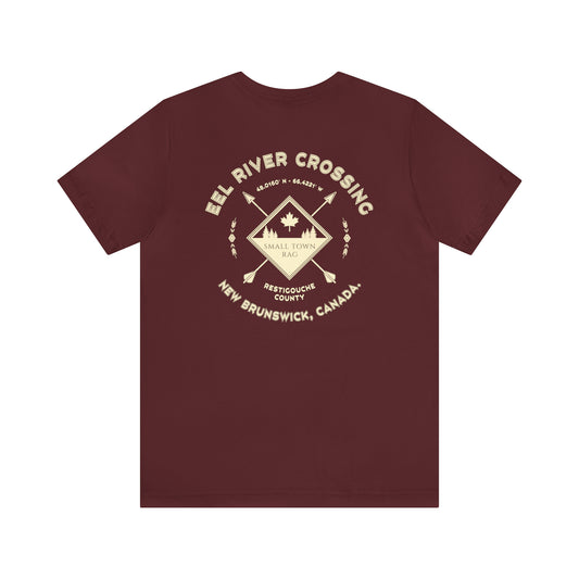 Eel River Crossing, New Brunswick.  Cream on Maroon, Gender Neutral,  Premium Cotton T-shirt.