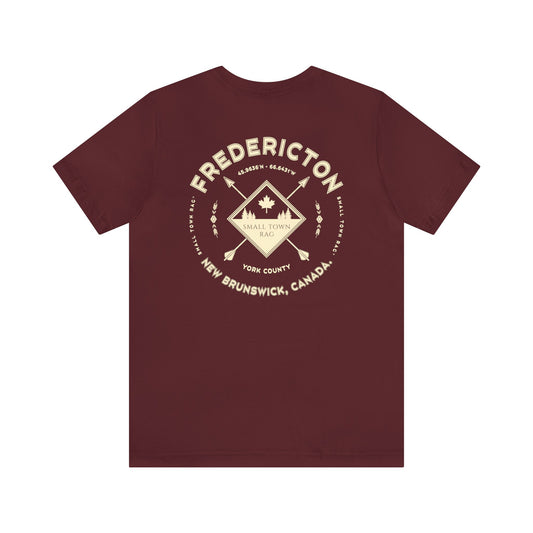 Fredericton, New Brunswick.  Cream on Maroon, Gender Neutral,  Premium Cotton T-shirt.