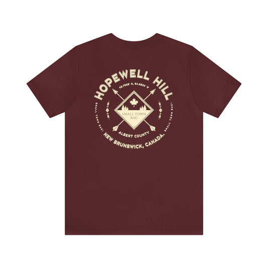 Hopewell Hill, New Brunswick.  Premium Quality, Cream on Maroon, Gender Neutral, T-shirt.