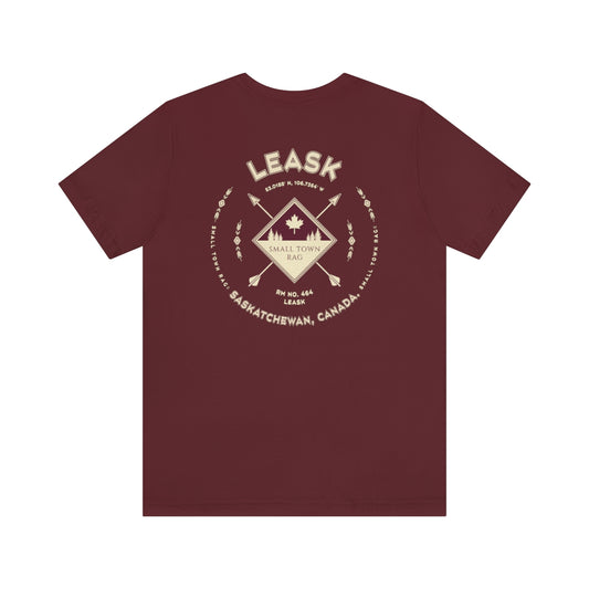 Leask, Saskatchewan.  Canada.  Cream on Maroon, Gender Neutral, T-shirt, Designed by Small Town Rag.
