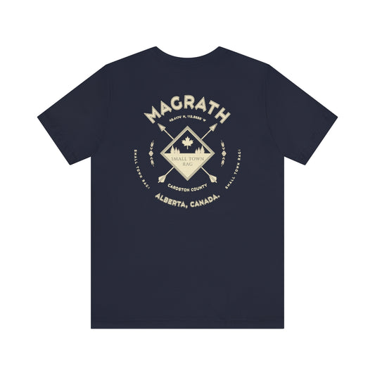 Magrath, Alberta.  Canada.  Cream on Navy, Gender Neutral, T-shirt, Designed by Small Town Rag.