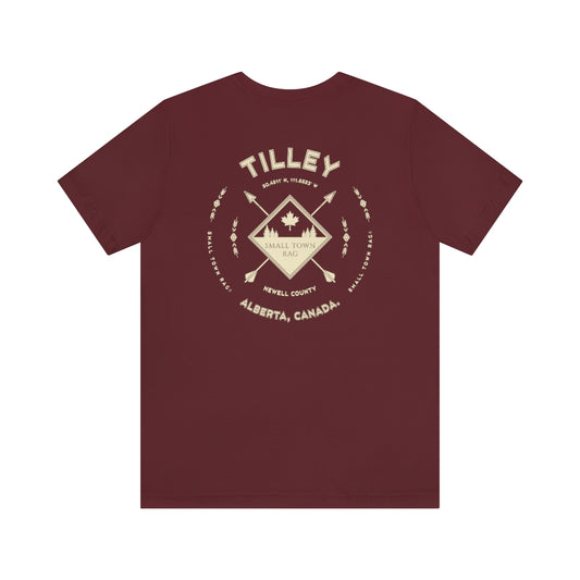 Tilley, Alberta.  Canada.  Cream on Maroon, Gender Neutral, T-shirt, Designed by Small Town Rag.
