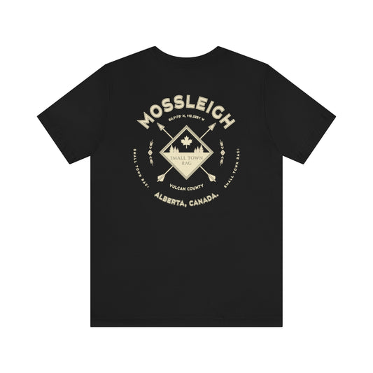 Mossleigh, Alberta.  Canada.  Cream on Black, Gender Neutral, T-shirt, Designed by Small Town Rag.