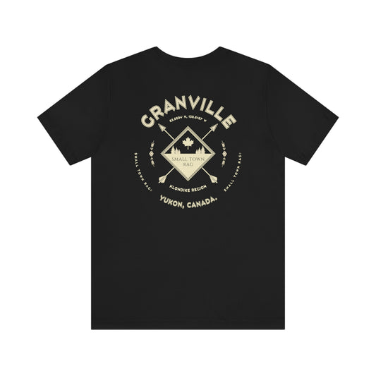 Granville, Yukon.  Canada.  Cream on Black, Gender Neutral, T-shirt, Designed by Small Town Rag.