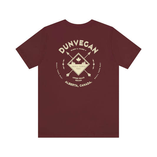 Dunvegan, Alberta.  Canada.  Cream on Maroon, Gender Neutral, T-shirt, Designed by Small Town Rag.
