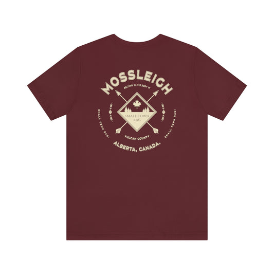 Mossleigh, Alberta.  Canada.  Cream on Maroon, Gender Neutral, T-shirt, Designed by Small Town Rag.