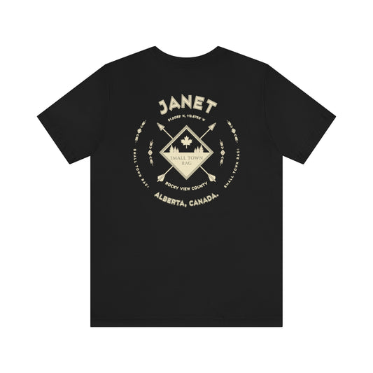 Janet, Alberta.  Canada.  Cream on Black, Gender Neutral, T-shirt, Designed by Small Town Rag.