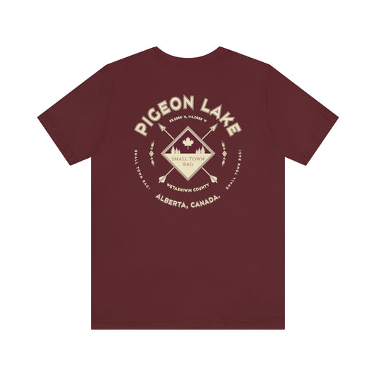 Pigeon Lake, Alberta.  Canada.  Cream on Maroon, Gender Neutral, T-shirt, Designed by Small Town Rag.