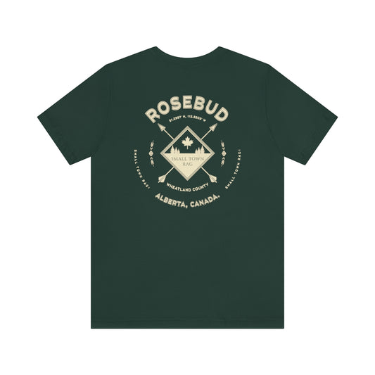 Rosebud, Alberta.  Canada.  Cream on Forest Green, Gender Neutral, T-shirt, Designed by Small Town Rag.