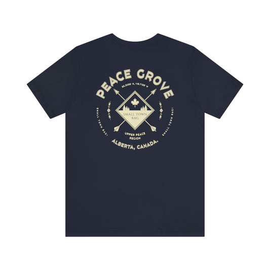 Peace Grove, Alberta.  Canada.  Cream on Navy, Gender Neutral, T-shirt, Designed by Small Town Rag.