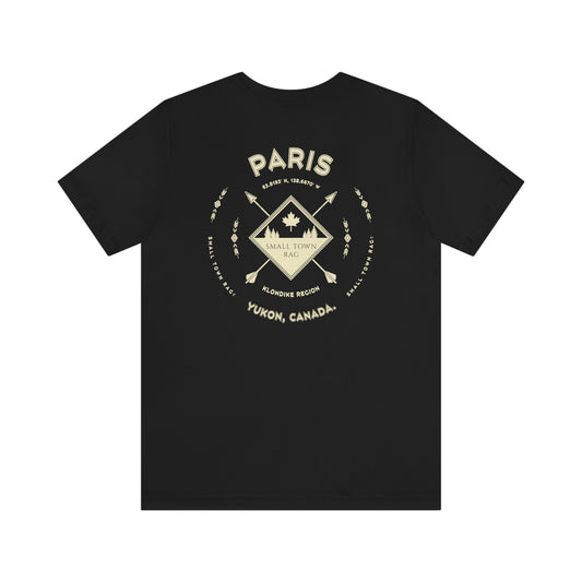 Paris, Yukon.  Canada.  Cream on Black, Gender Neutral, T-shirt, Designed by Small Town Rag.