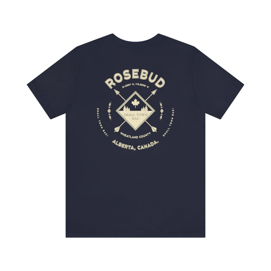 Rosebud, Alberta.  Canada.  Cream on Navy, Gender Neutral, T-shirt, Designed by Small Town Rag.