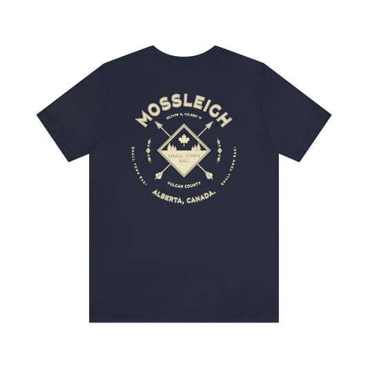 Mossleigh, Alberta.  Canada.  Cream on Navy, Gender Neutral, T-shirt, Designed by Small Town Rag.