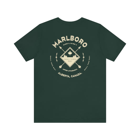 Marlboro, Alberta.  Canada.  Cream on Forest Green, Gender Neutral, T-shirt, Designed by Small Town Rag.