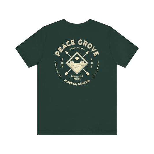 Peace Grove, Alberta.  Canada.  Cream on Forest Green, Gender Neutral, T-shirt, Designed by Small Town Rag.