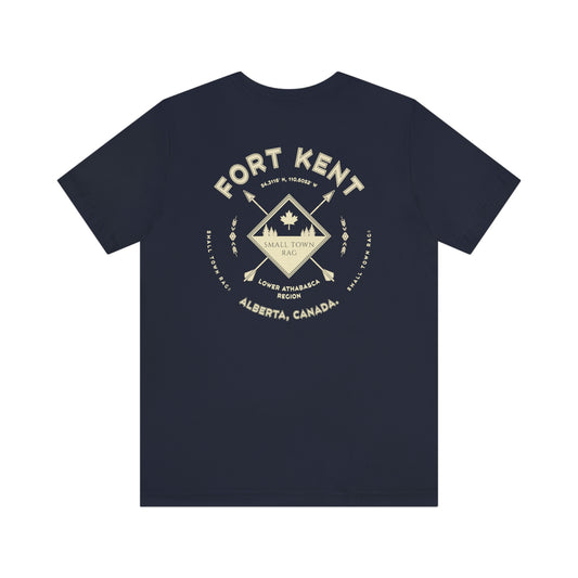 Fort Kent, Alberta.  Canada.  Cream on Navy, Gender Neutral, T-shirt, Designed by Small Town Rag.