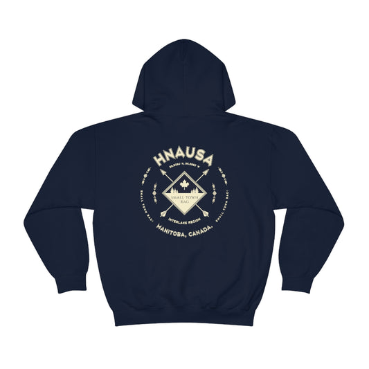 Hnausa, Manitoba.  Canada.  Cream on Navy, Pull-over Hoodie, Hooded Sweater Shirt, Gender Neutral.