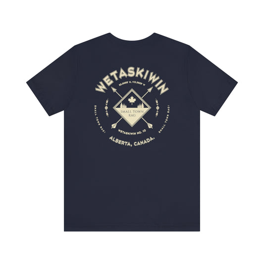 Wetaskiwin, Alberta.  Canada.  Cream on Navy, Gender Neutral, T-shirt, Designed by Small Town Rag.