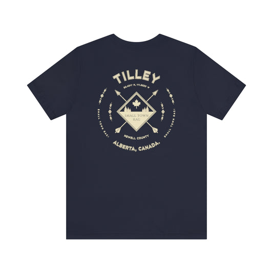 Tilley, Alberta.  Canada.  Cream on Navy, Gender Neutral, T-shirt, Designed by Small Town Rag.