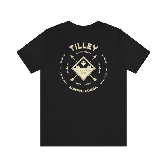 Tilley, Alberta.  Canada.  Cream on Black, Gender Neutral, T-shirt, Designed by Small Town Rag.