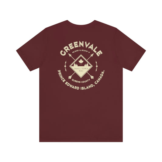 Greenvale, Prince Edward Island.  Canada.  T-shirt, Cream on Maroon, Gender Neutral.