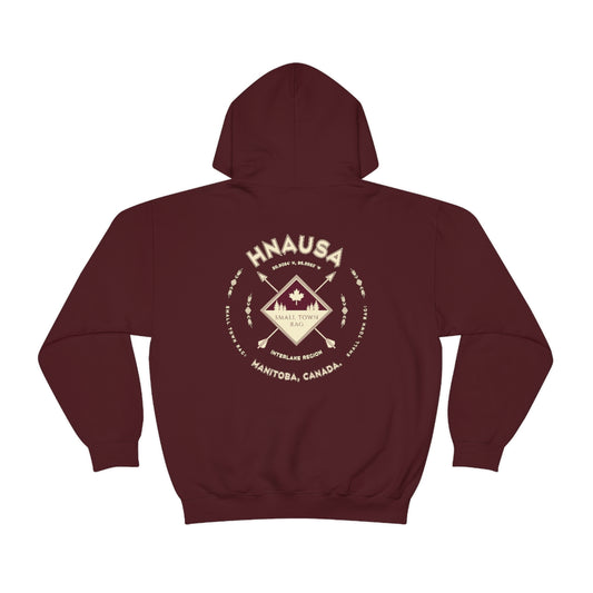 Hnausa, Manitoba.  Canada.  Cream on Maroon, Pull-over Hoodie, Hooded Sweater Shirt, Gender Neutral.